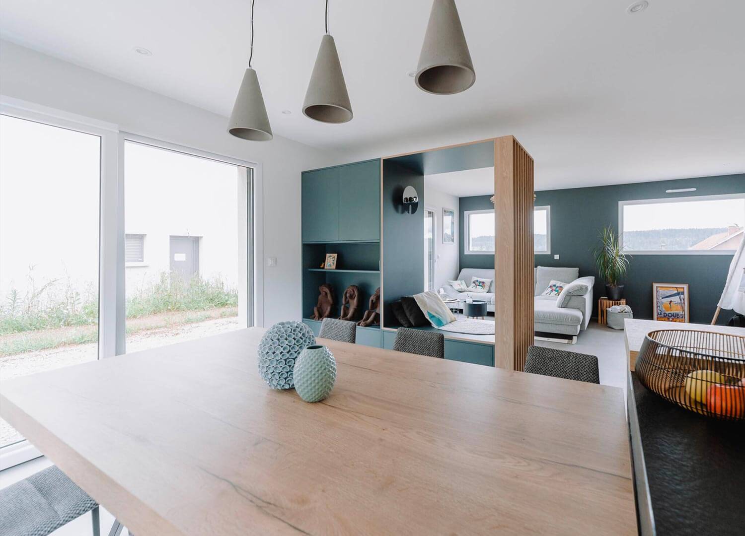 amenagement interieur cuisine salon vert bleu 1 - meubles sur mesure