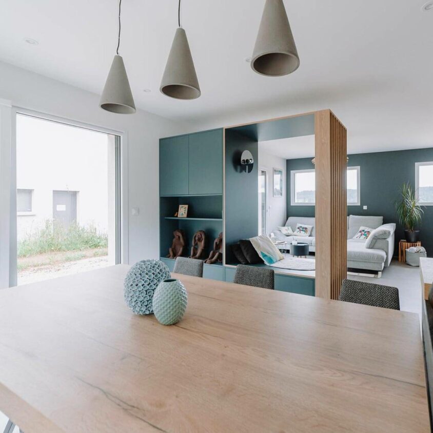 Aménagement de Salon Cuisine vert bleu