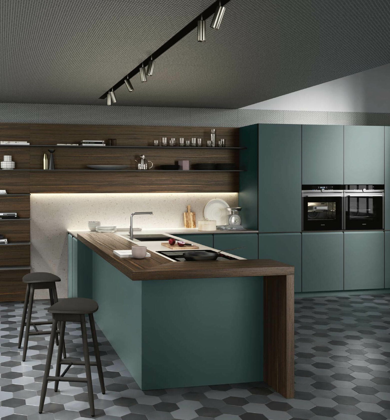 Cuisine ouverte équipée tons verts et bois