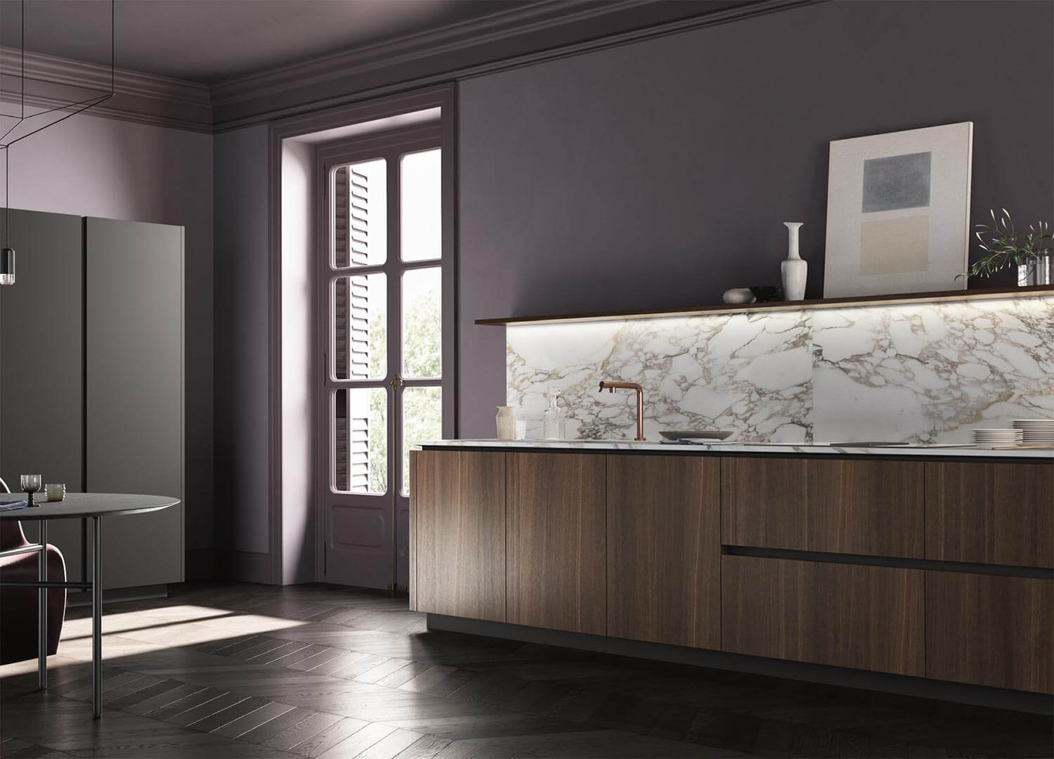 Cuisine italienne sur mesure sur mur mauve